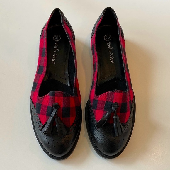BELLA VITA Loafer Black Red Plaid Tassel Size 9 - Picture 2 of 8